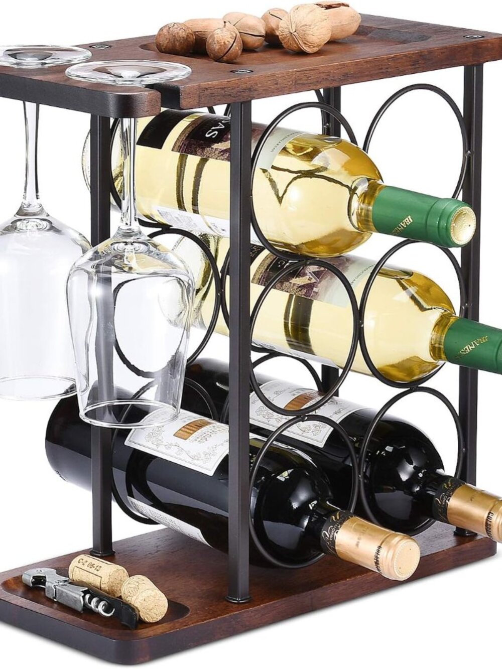 Wine Rack with Glass Holder, Countertop Wine Rack, Wooden Wine Holder with Tray,